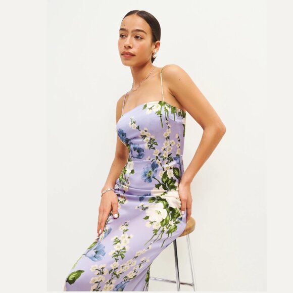 Reformation Frankie Silk Dress in Garden Soiree - Picture 2 of 12